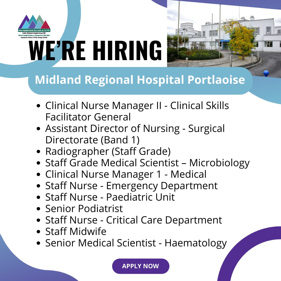 Exciting opportunities in the #Midlands!    

#MRHPortlaoise is currently recruiting for a number of #vacancies.      

For more info and to apply: bit.ly/3PRVYtc 

#hiring #jobs #jobfairy #DMHGJobs #team #opportunities #healthcarejobs