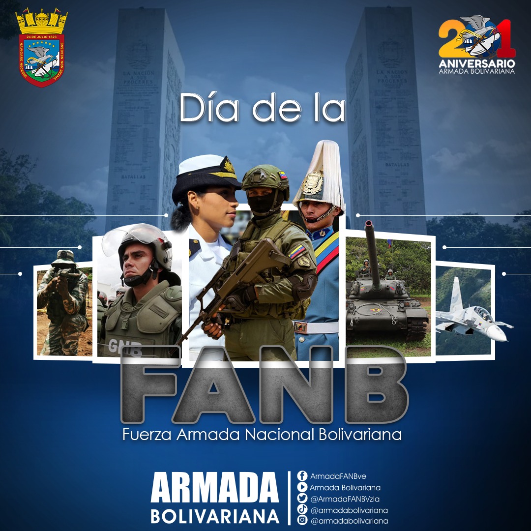🇻🇪#Hoy es el día de nuestra gloriosa #FANB, de las Soldadas y Soldados de la Patria. Es el día del pueblo en armas, de la fusión Cívico - Militar.
La libertad es nuestro estandarte, causa y verdad. 
¡Somos Libres de cualquier dominación imperial!

<a href="/NicolasMaduro/">Nicolás Maduro</a>