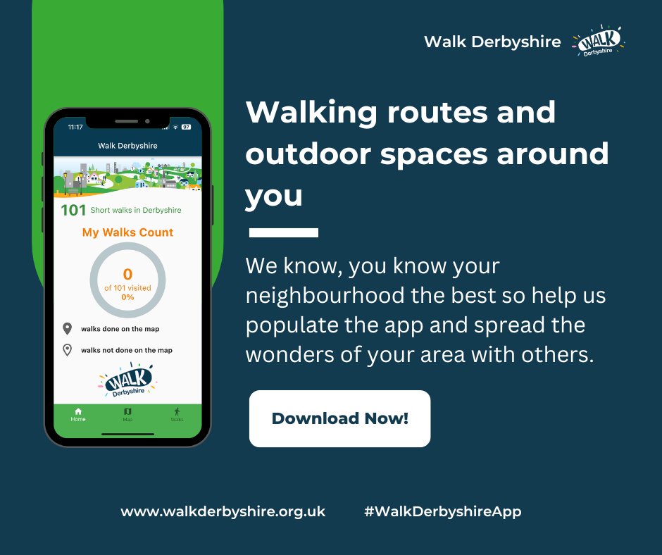 Have you downloaded our Walk Derbyshire App yet?

Explore local walking routes and outdoor spaces in Derbyshire or share your favourite outdoor spaces and short walks with others.

Download now: walkderbyshire.org.uk/about-walk-der…

#WalkDerbyshireApp
