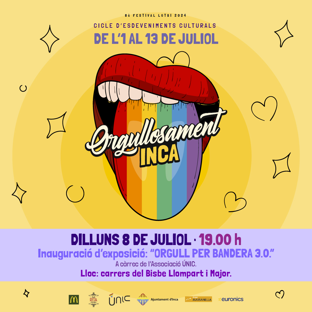 incaciutat's tweet photo. Dilluns que ve s'inaugurarà l'exposició "Orgull per bandera 3.0" a càrrec de l'@AssociacioUnic! 🖼️ 🌈

🗓️ Dl. 8 de juliol
📍 C. Bisbe Llompart i c. Major
⏰ 19 h
#OrgullosamentInca https://t.co/1zUJkYgxuv