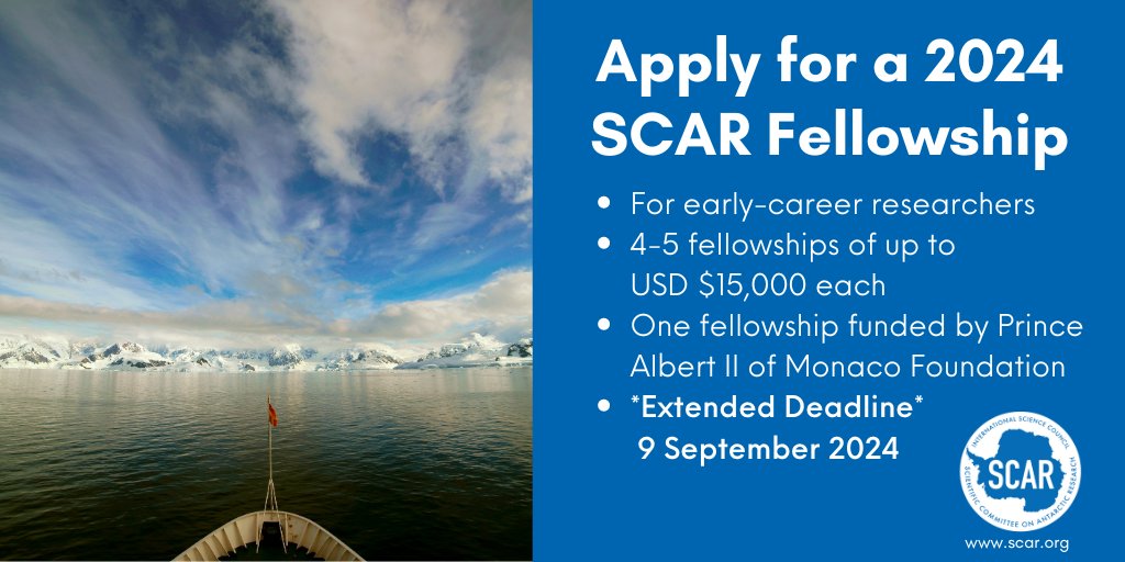 Scientific Committee on Antarctic Research (SCAR) (@scar_tweets) on Twitter photo The application deadline for the 2024 SCAR Fellowship scheme has been extended to 9 September 2024. We hope this extension will give prospective candidates the opportunity to discuss & prepare their applications during #SCAR2024. 
More info & apply here: scar.org/fellowships-aw… The application deadline for the 2024 SCAR Fellowship scheme has been extended to 9 September 2024. We hope this extension will give prospective candidates the opportunity to discuss & prepare their applications during #SCAR2024. 
More info & apply here: scar.org/fellowships-aw…