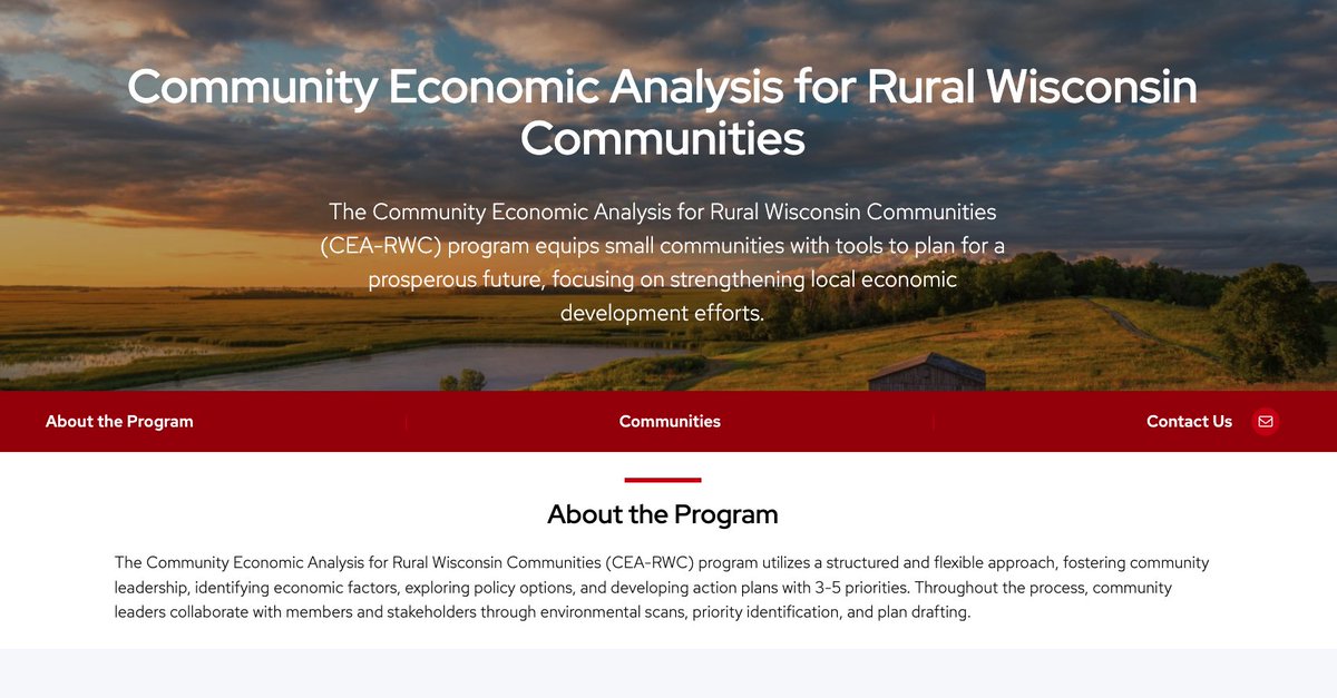 🚨APPLY NOW 🚨 Community Economic Analysis (CEA) for Rural Wisconsin Communities 

The CED Program is pleased to accept applications for the CEA for Rural Wisconsin Communities (CEA-RWC) Pilot Initiative supported by the <a href="/WEDC/">Wolfforth EDC</a>. Learn more here: lnkd.in/eH8D-w55