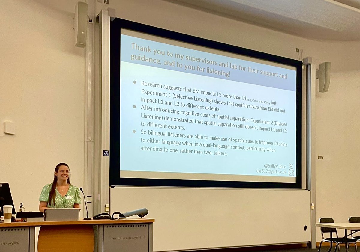 Emily Rice (@emilyv_rice) on Twitter photo I had such a lovely time <a href="/ExpPsychSoc/">Experimental Psychology Society</a> <a href="/YorkPsychology/">York Psychology</a> this week. There was so much fascinating research to hear about, and I had a great experience presenting my own research “Spatial Listening in a Dual-Language Context.” I had such a lovely time <a href="/ExpPsychSoc/">Experimental Psychology Society</a> <a href="/YorkPsychology/">York Psychology</a> this week. There was so much fascinating research to hear about, and I had a great experience presenting my own research “Spatial Listening in a Dual-Language Context.”