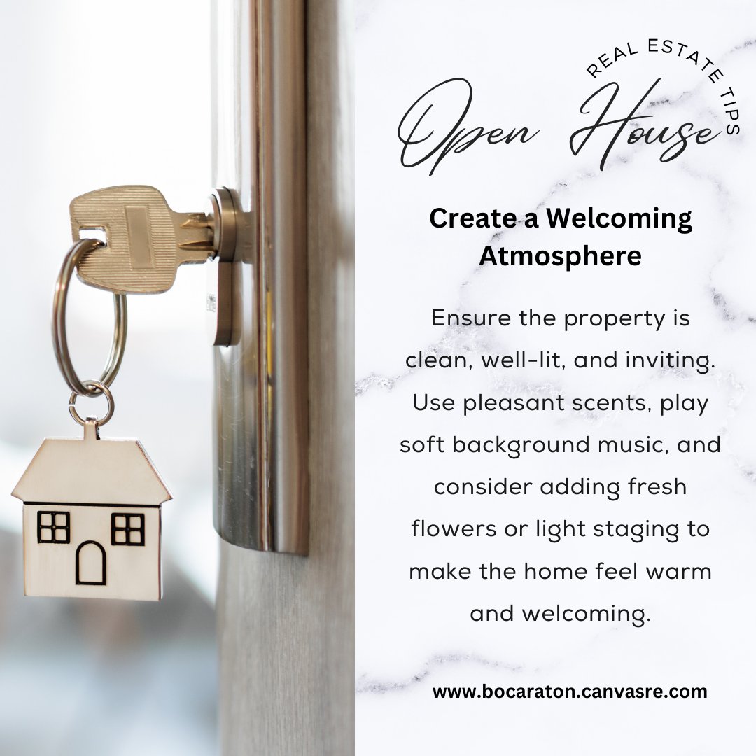 Ensure the property is clean, well-lit, and inviting. Use pleasant scents, play soft background music, and consider adding fresh flowers or light staging to make the home feel warm and welcoming. 🌟🏡 #RealEstateTips #WelcomingHome #HomeStaging #CanvasRealEstate