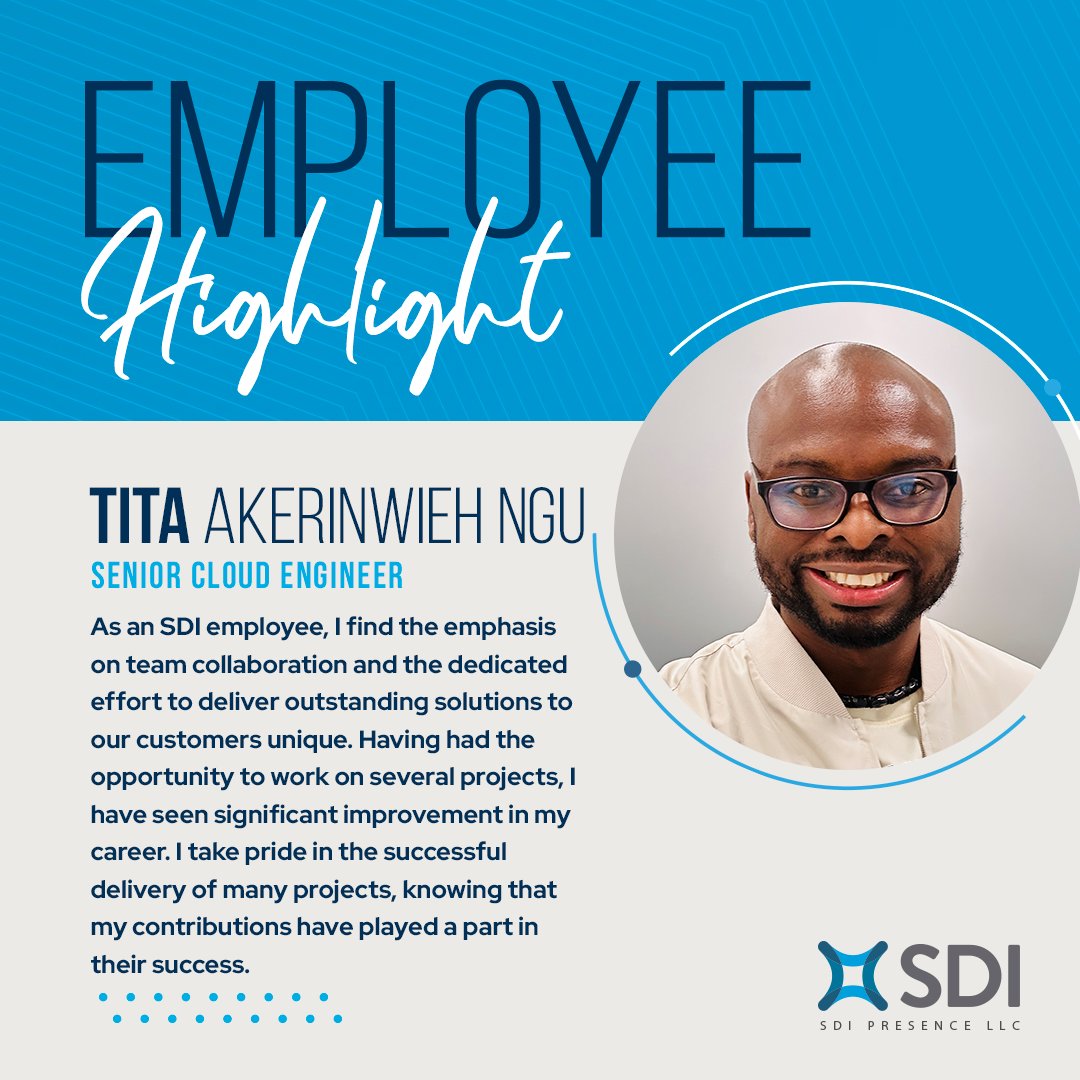 Meet Tita Akerinwieh Ngu, SDI’s Senior #Cloud #Engineer! 🚀 Tita thrives in SDI’s collaborative atmosphere, delivering sky-high solutions to our customers. 🌤️ With every project, he’s soared to new heights in his career and takes pride in the role he plays in our #success.