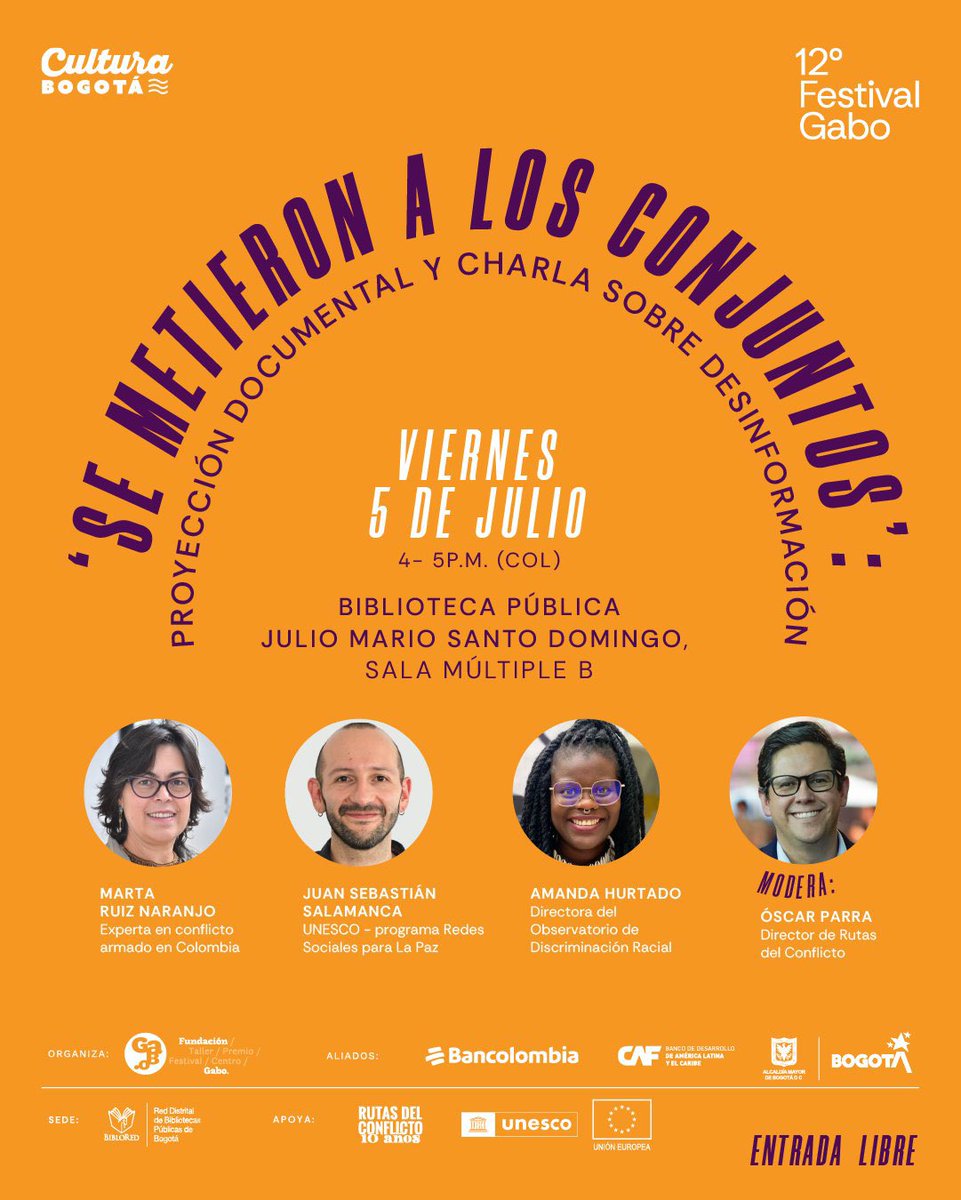 🔔 ¡Nos encontramos hoy en el <a href="/FestivalGabo/">Festival Gabo</a>! 

El documental 'Se metieron a los conjuntos' se proyecta hoy en el #FestivalGabo2024 y <a href="/rudyamanda/">Amanda Hurtado</a> directora del <a href="/ODRacial/">Observatorio de Discriminación Racial</a> participará  en el espacio de conversación y reflexión sobre la #desinformación. 

¡Les esperamos!