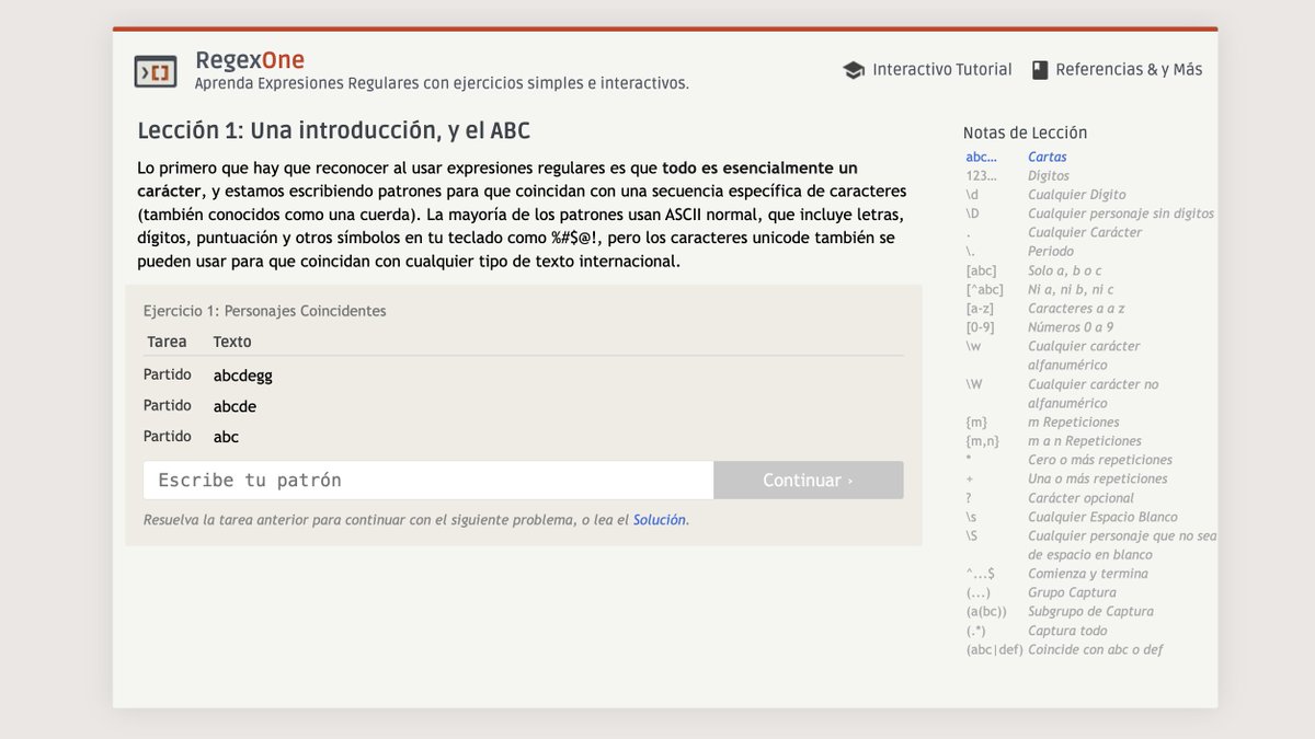 Curso para aprender REGEX paso a paso
Por fin vas a entender las Expresiones Regulares.

Son 15 lecciones y 8 ejercicios interactivos:
→ regexone.com
