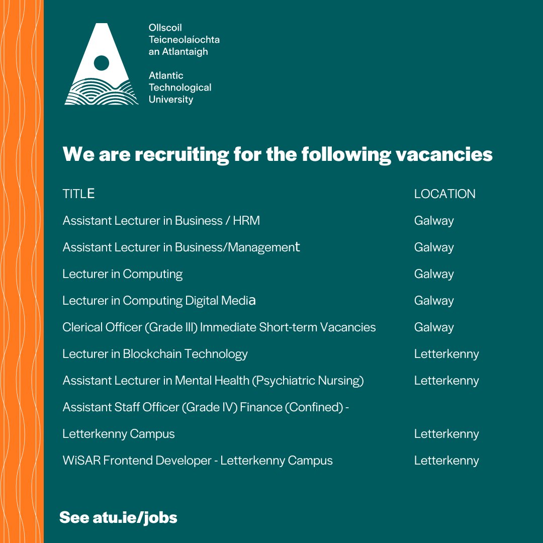ATU is hiring! If you're interested in joining the team at Atlantic Technological University then check out our career opportunities here ➡️ atu.ie/jobs
