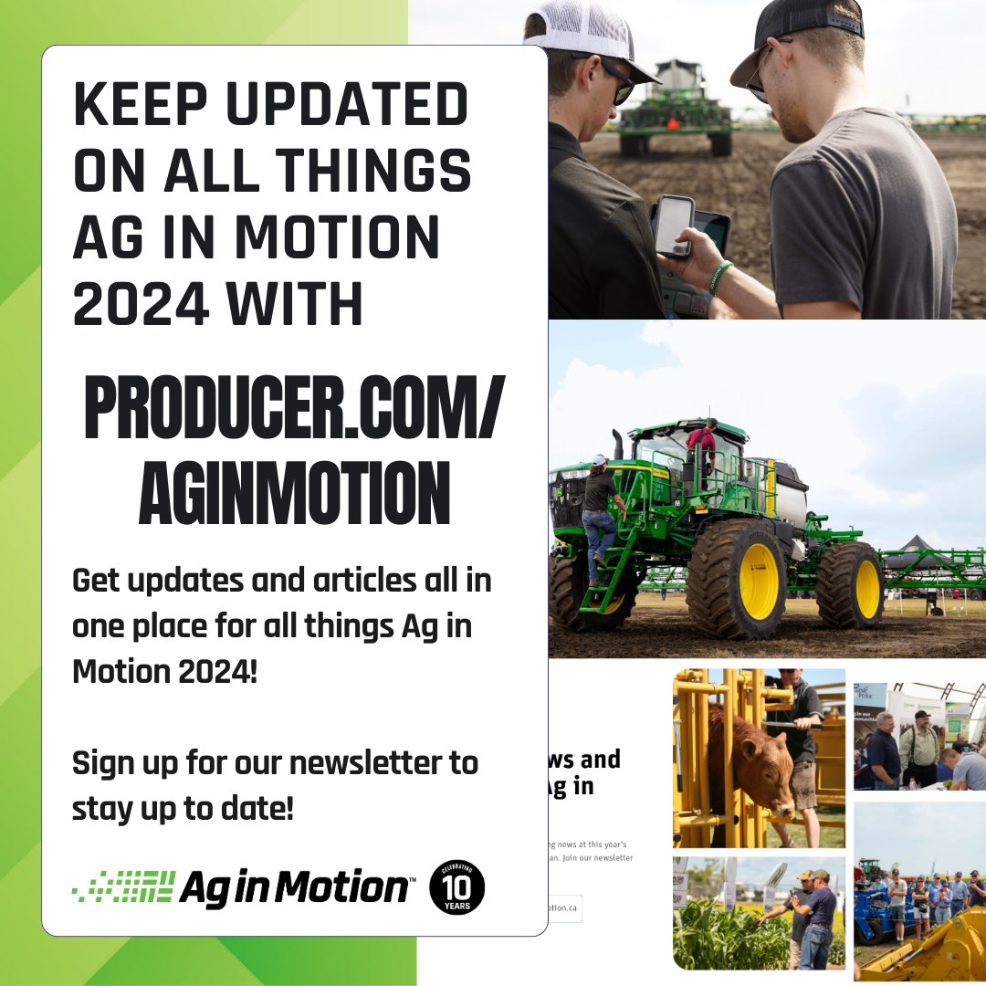Want a central place to get your updates on Ag in Motion 2024? Go to producer.com/content/ag-in-…

Our page is a central place for news and stories on Ag in Motion to get you excited for what's coming soon! Don't miss a single update by subscribing to our newsletter! #AIM24 #worthit