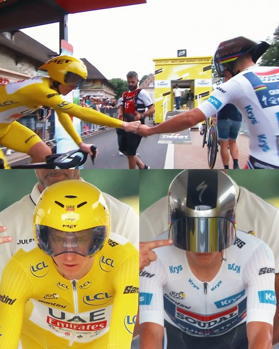 A moment of respect between Tadej Pogacar and Remco Evenepoel before they start the time trial.

#TDF2024 📺: Peacock