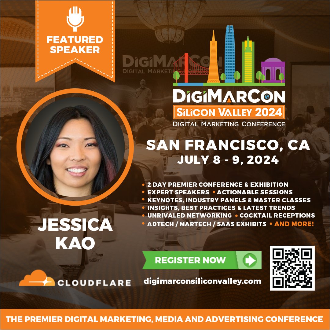 DigiMarCon's tweet image. Don&apos;t miss Jessica Kao from Cloudflare at #DigiMarConSiliconValley 2024! Join us from July 8th to 9th, 2024 at the Westin San Francisco Airport Hotel in San Francisco, California, and discover trends of digital marketing. Register today. digimarconsiliconvalley.com DigiMarCon