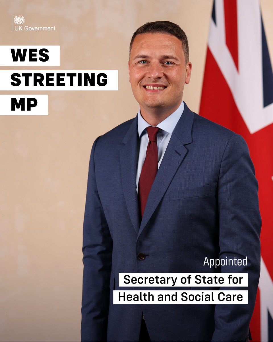 UK Prime Minister (@10downingstreet) on Twitter photo Wes Streeting MP <a href="/wesstreeting/">Wes Streeting</a> has been appointed Secretary of State for Health and Social Care <a href="/DHSCgovuk/">Department of Health and Social Care</a>. Wes Streeting MP <a href="/wesstreeting/">Wes Streeting</a> has been appointed Secretary of State for Health and Social Care <a href="/DHSCgovuk/">Department of Health and Social Care</a>.
