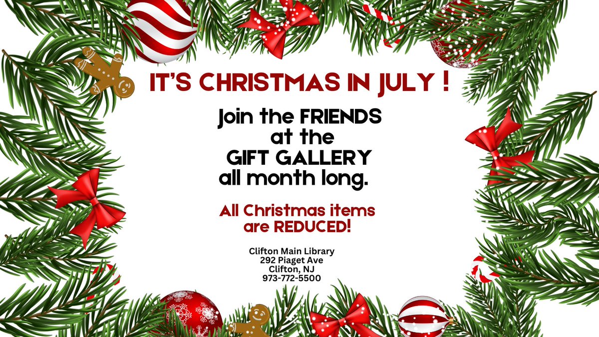 CliftonLibChild's tweet photo. Join us for a great Christmas Sale!!
#ChristmasinJuly2024 #sale #FRIENDS #SupportLocal #CPL #library #giftgallery https://t.co/D88wDe0GJ1