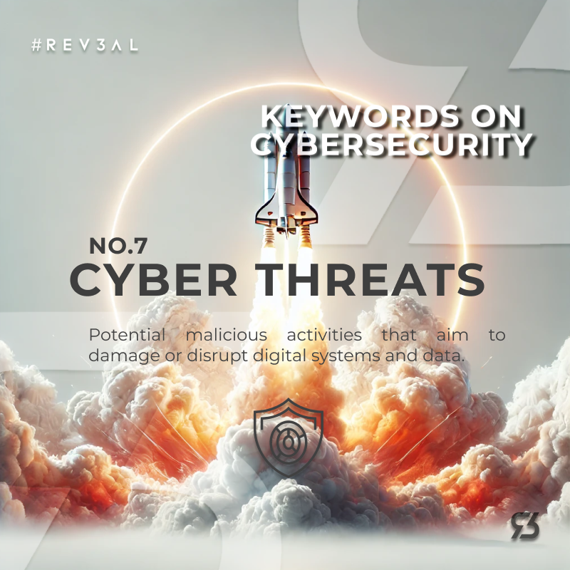 Rev3alTech's tweet photo. Keywords on Cybersecurity: "No. 7 Cyber Threats: Potential malicious activities that aim to damage or disrupt digital systems and data." #CyberSecurity #Rev3alTips #Rev3al #Info #Trend #Trending #Data #DataProtection #Encryption #Blockchain https://t.co/w8K6dHezAH