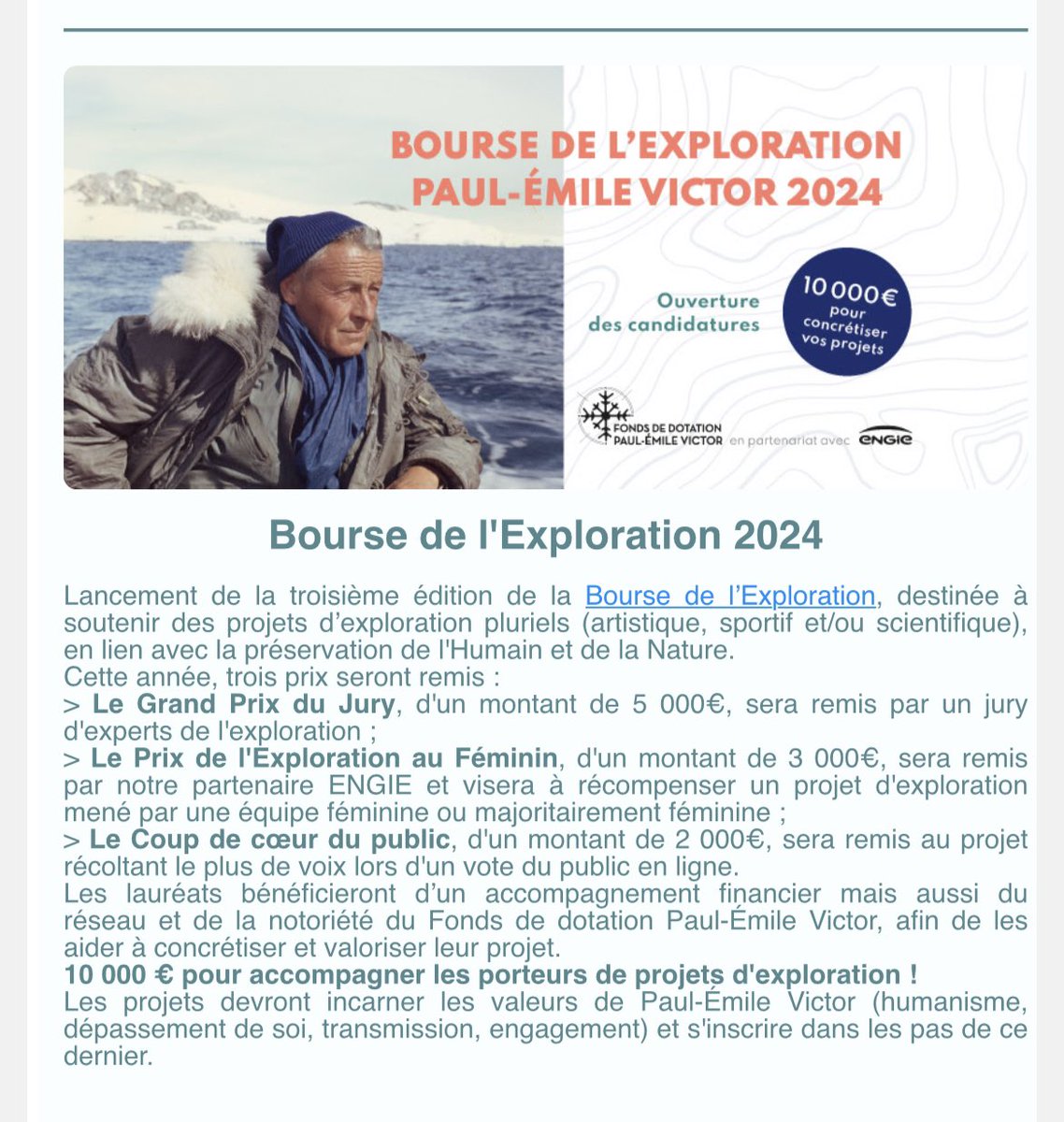 Capucine Trochet (@capucinetrochet) on Twitter photo Bourse de l’exploration Paul-Emile Victor. 
Le Fonds PEV vous donne rdv le 9 à 18h pour vous aider à préparer votre candidature. 
Inscriptions sur paulemilevictor.fr Bourse de l’exploration Paul-Emile Victor. 
Le Fonds PEV vous donne rdv le 9 à 18h pour vous aider à préparer votre candidature. 
Inscriptions sur paulemilevictor.fr