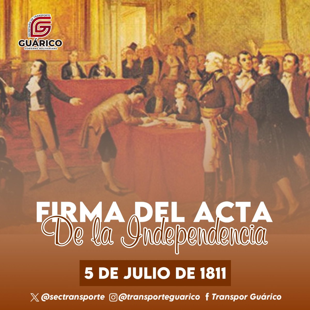 Hoy celebramos el coraje y la valentía de nuestros héroes independentistas que, hace 213 años, firmaron el Acta de Independencia de Venezuela. 🇻🇪 

#ConductoresDeEsperanza #TransporteGuárico