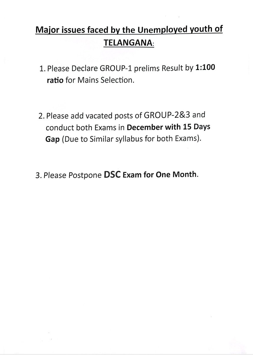HymaIndia's tweet image. We,the UNEMPLOYED youth of TELANGANA Requesting you CM Garu @revanth_anumala @Telangana_CMO @Telangana_offcial  to resolve Our issues and Save our Lives.
#Group-1-1:100 for mains 
#Group-2&amp;amp;3 posts increase and do Conduct both Exams in December.
#DSC-postpone for one month.