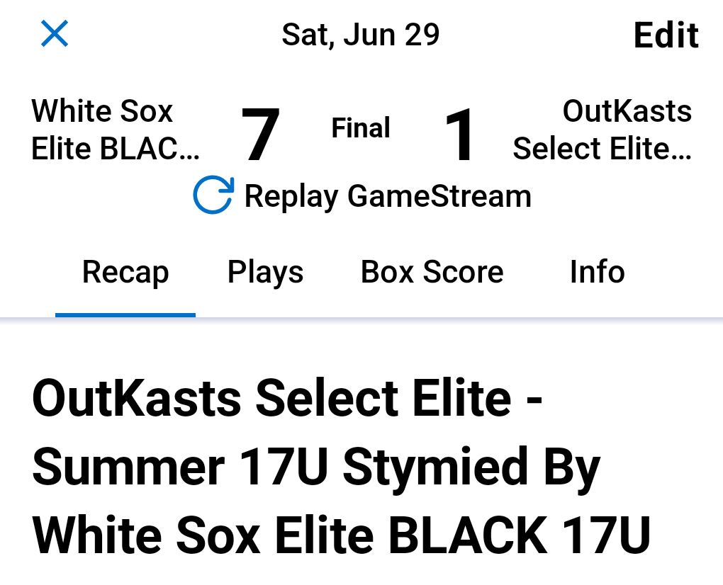 Outkasts2023's tweet photo. White Sox Black has the OutKasts Number..
@jeremygasca25 2 Hits
@RadtkeAiden @RafeSlager @PeytonMelnik44 1 Hit Each
@micahbuikema29 1RBI
@PBR_Uncommitted @PrepBaseballIL @PrepBaseballIN @PrepBaseballWI @PrimetimeIL @EliteRecruits_ https://t.co/dWNlAWbGCu