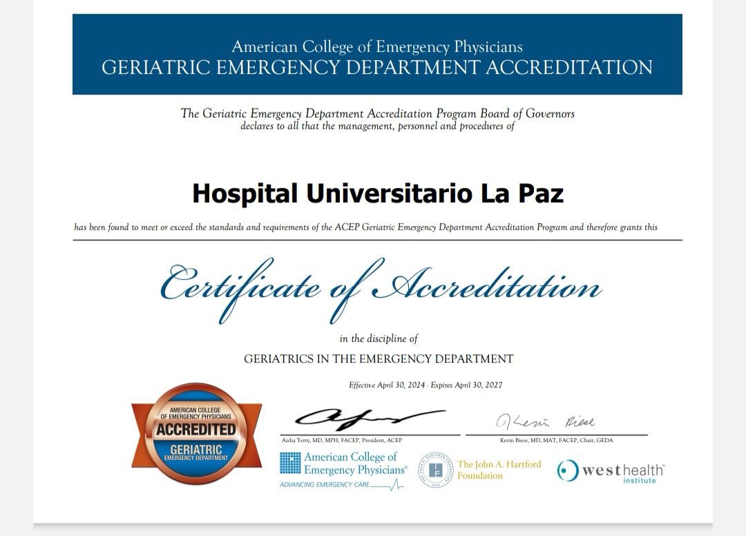 El Servicio de Urgencias del Hospital La Paz recibe la Acreditación Geriátrica de Urgencias (GEDA) por parte de la Sociedad Americana de Medicina de Urgencias. Un reconocimiento a la colaboración entre el Servicio de Urgencias, Geriatría y la Dirección de Enfermería #GEDA
