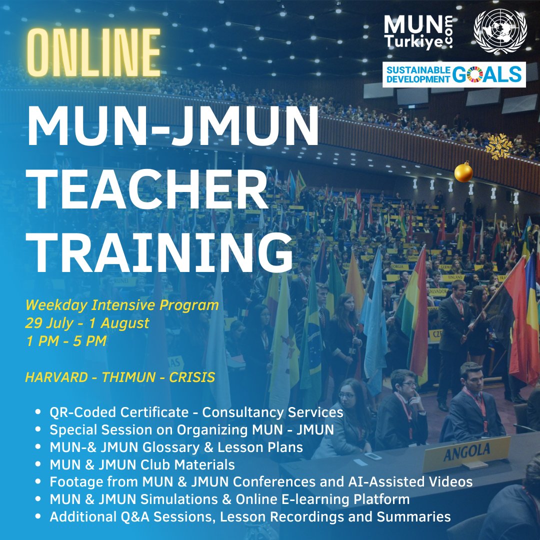 MUNTurkeycom's tweet image. 🚀 New Season Trainings Are Starting! 🌟

Individual teachers and institutions can plan their MUN-JMUN programs, Model United Nations club activities, conference participations, and SDGs Project Contest for the new season with this training!

munturkey.com/mun-teacher-tr…
