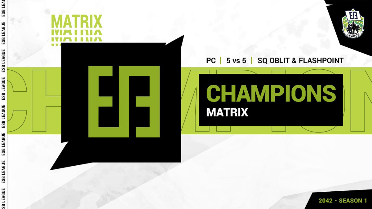 MATRIX are your ESB League 2042 Season 1 🏆 Champions!

Undefeated all season.

league.esport-battlefield.com

Relive the Grand Final:
youtu.be/Xq2MCCngLwE