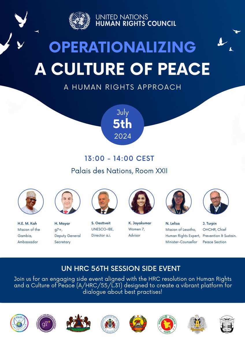 hwpl_kr's tweet photo. Pleased to have a full room at today’s #HRC56 side event. Thanks to the co-sponsors: the PMs of 🇱🇸🇬🇲🇲🇿🇧🇩🇸🇸🇵🇦 and @g7plus as well as excellent panelists who showcased tangible steps that states can take in order to operationalise the resolution on Human Rights and Culture of Peace https://t.co/HWnNj1ZCyc