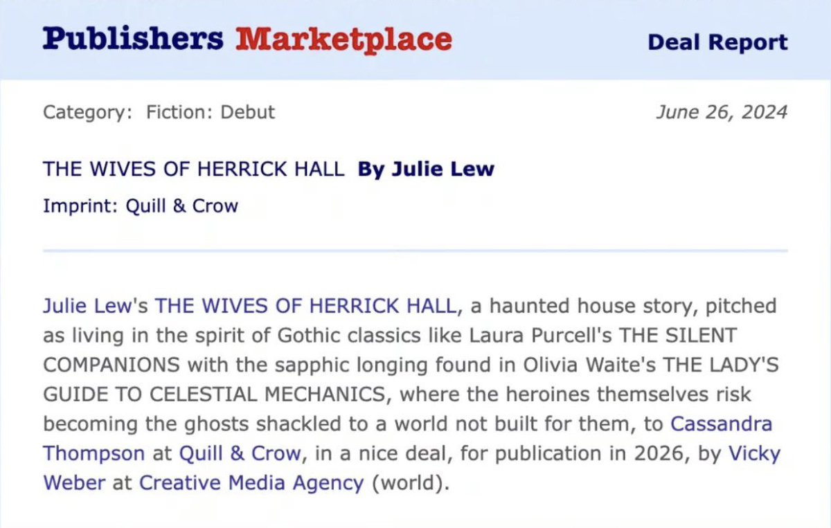 _julielew_'s tweet photo. 🎉 Publishers Marketplace official 🎉

Thank you to my amazing agent, Vicky, and Team Quill &amp; Crow! I’m so excited to share this story with readers in 2026 ❤️ https://t.co/NFgC4Y4aTC