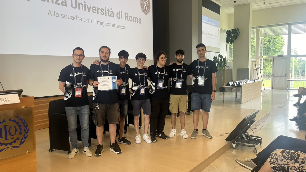 Cybersecurity National Lab (@cybersecnatlab) on Twitter photo 🚩 Premiazione CyberChallengeIT 2024
🏅 Team Miglior Attacco e Miglior difesa: <a href="/SapienzaRoma/">Sapienza Università di Roma</a>
🖥️ Diretta youtu.be/JbOfkfYoGlg
#️⃣ #CCIT24 #CyberChallengeIT #cybersecurity 🚩 Premiazione CyberChallengeIT 2024
🏅 Team Miglior Attacco e Miglior difesa: <a href="/SapienzaRoma/">Sapienza Università di Roma</a>
🖥️ Diretta youtu.be/JbOfkfYoGlg
#️⃣ #CCIT24 #CyberChallengeIT #cybersecurity