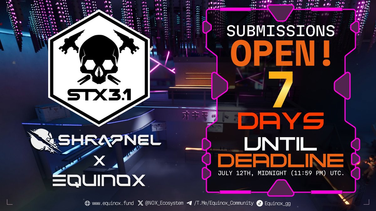 NOX_Ecosystem's tweet photo. 🚨7 DAYS COUNTDOWN🚨

We're down to just 7 days left in the Shrapnel STX3.1 content creator competition. If you haven't submitted your content yet, make sure to post it soon! No pressure, but we can't wait to see your amazing entries! 🚀

🏆Win a share of $10,000 in $SHRAP, Operator Extraction Packs, and Noxstarter Access Passes. Participate in any or all of the four categories to increase your chances of winning. With over 50 prizes up for grabs! 

How to Enter : 

Follow @NOX_Ecosystem & @playSHRAPNEL 
Tag @NOX_Ecosystem & @playSHRAPNEL 
Use hashtags: #shrapcreate #Noxstarter #SHRAPNEL #Equinox.
Upload your content to: https://t.co/ETY9JN8gRn

Final date for submitting your content: July 12th, Midnight (11:59 pm) UTC.

More details in of prizes in our main post (thread)
https://t.co/zoGR0NBCNU