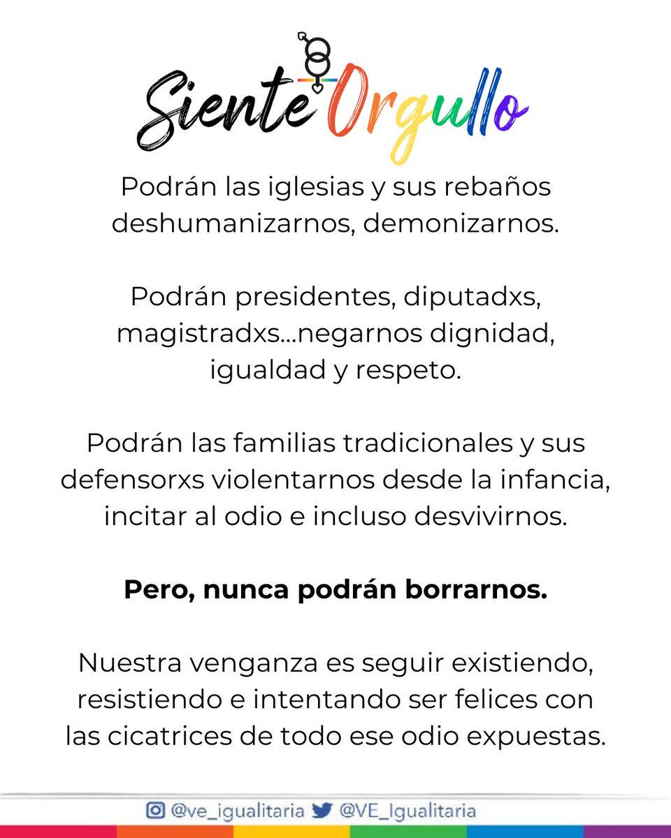 A 2 días de la Marcha Nacional del Orgullo LGBTI en Caracas compartimos este manifiesto:

Nunca podrán borrarnos

Nuestra venganza es seguir existiendo, resistiendo e intentando ser felices con las cicatrices de todo ese odio expuestas.