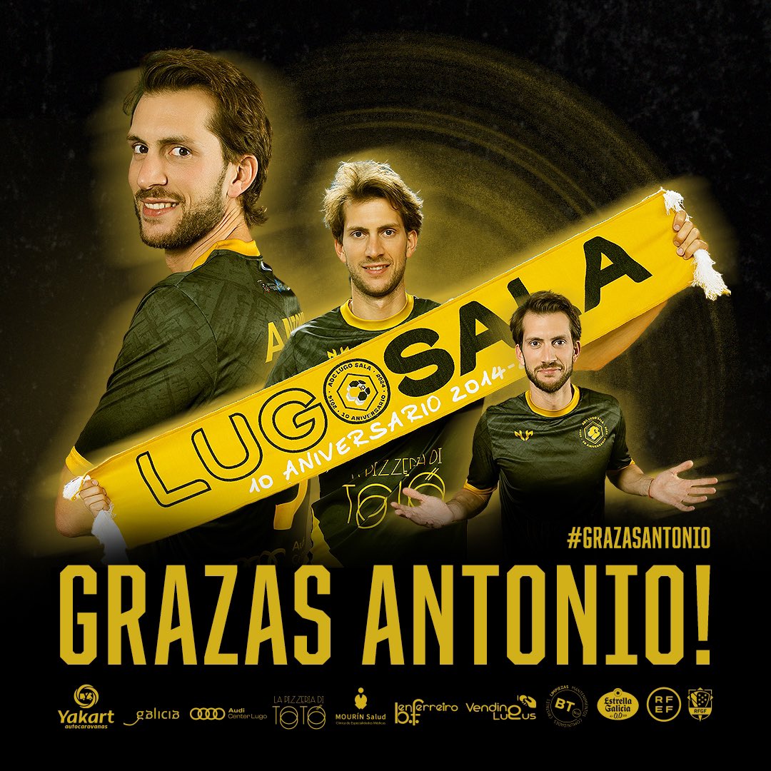 ADCLugoSala's tweet photo. 💔 @AntonioDiz9 deixa de ser xogador do Yakart Lugo Sala despois de tres tempadas vestindo as nosas cores. 

🏆 Terceira División 
🏆 2ª B (x2) 
⬆️ Ascenso a 2ªB e ascenso a 2ª

🙏 Desexámosche todo o mellor e Lugo Sala é, e será sempre a túa casa! 🏠

#GrazasAntonio https://t.co/Pq6zAsitTR