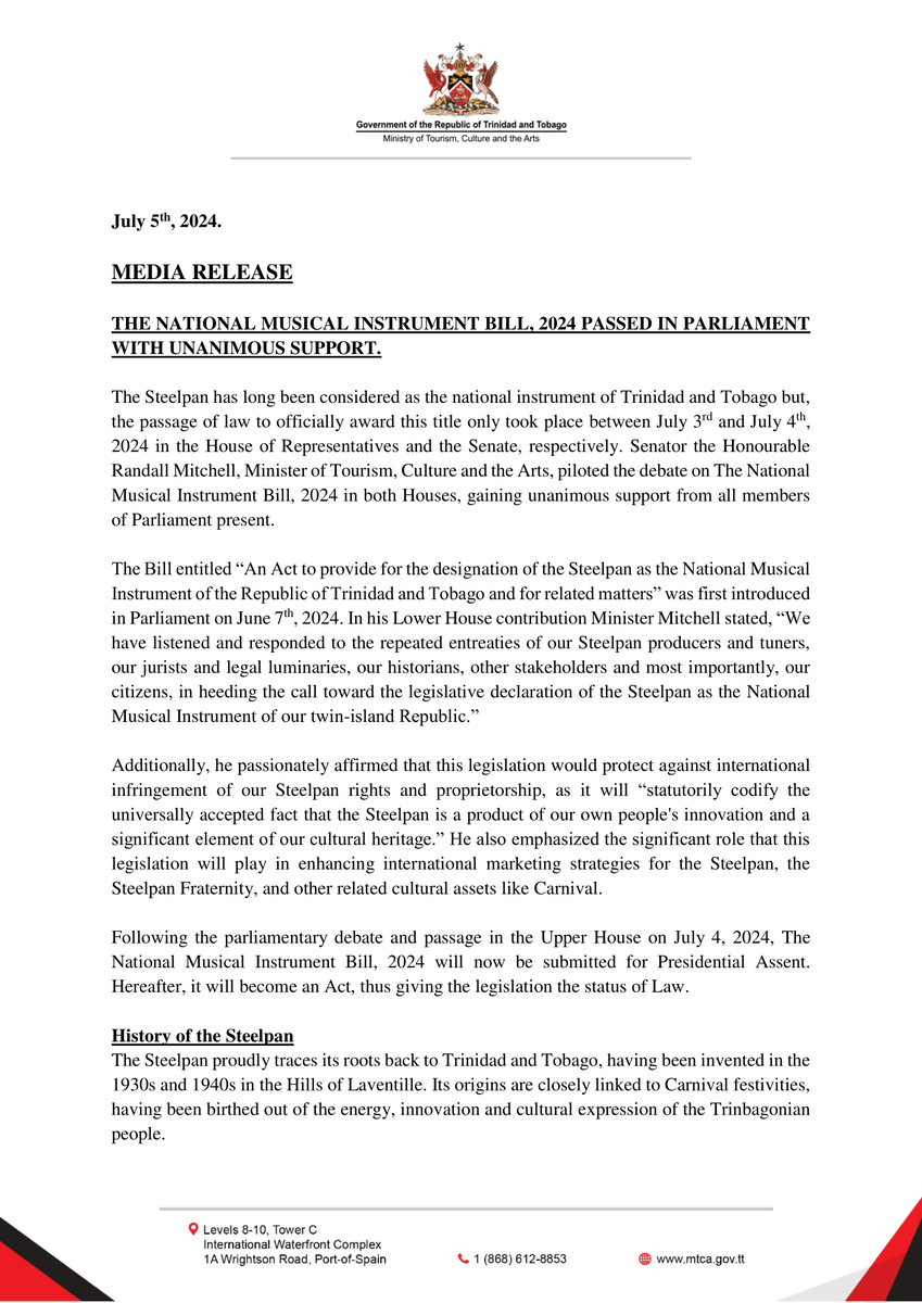 mccdtt's tweet photo. 🇹🇹 Way to go, Trinbago! 🇹🇹
The National Musical Instrument Bill, 2024 was passed in Parliament on July 3rd and 4th, 2024 with unanimous support.
This milestone will forever be remembered in our nation's history!

Read all about it 👇
#Steelpan #MTCA #weareproudlytrinidadandtobago https://t.co/KsWTtJmnYs
