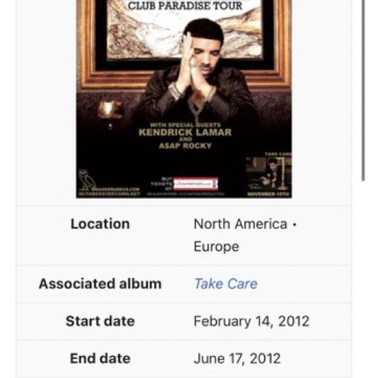 AkademiksTV's tweet photo. Before Drake took Kendrick on the Club Paradise Tour in 2012, his first studio album Section 80 did 5k first week.

Kendrick went from crowds of 500 to his first nationwide tour with crowds of 15k. His next album did 242k first week. https://t.co/wqcyeKNfr1
