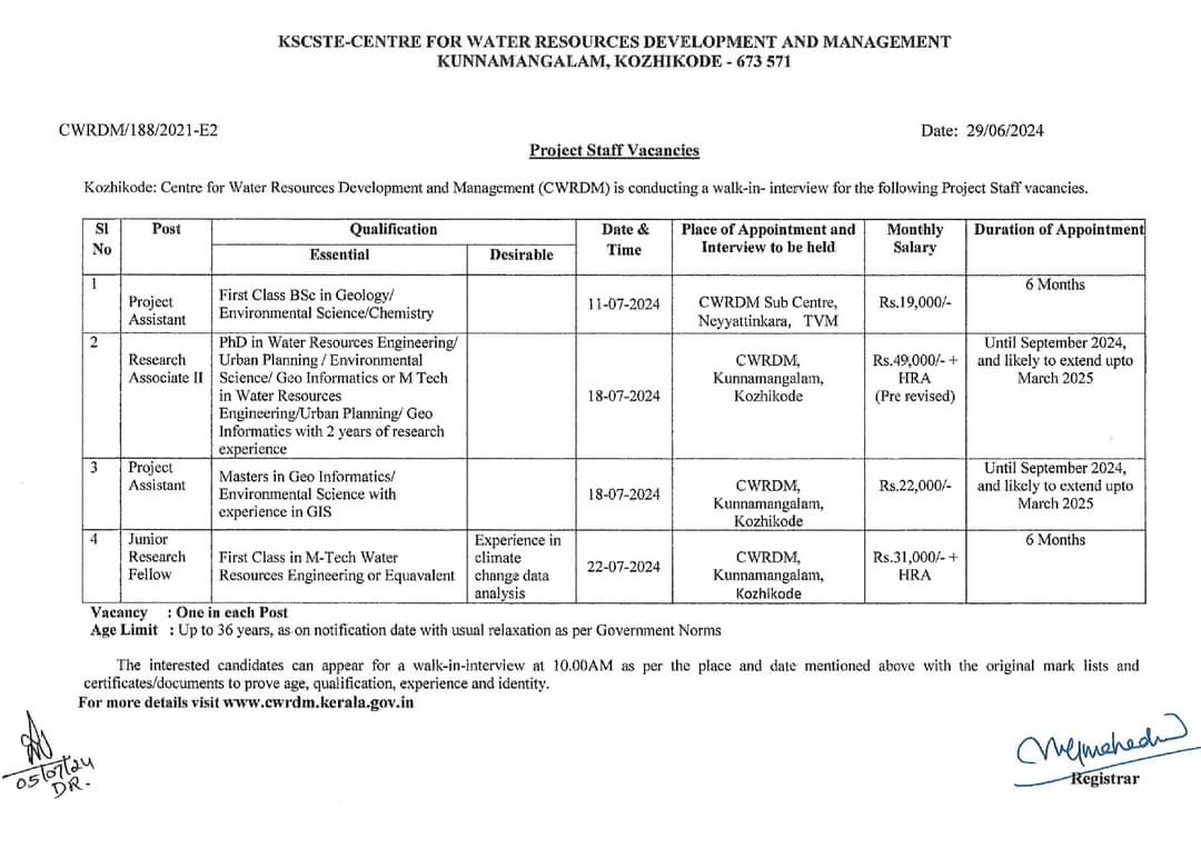 CWRDM1's tweet image. Project Staff Vacancies (Notification No: CWRDM/188/2021-E2, dated :05-07-2024)

#CWRDM 
#Vacancy 
#projectstaff
#walkininterview