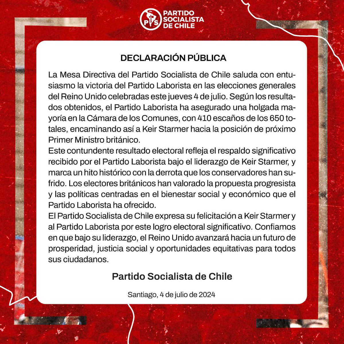 El Partido Socialista de Chile saluda la victoria electoral del laborismo en el Reino Unido. Un resultado que marca el avance de las fuerzas progresistas y pone fin a un largo periodo conservador.