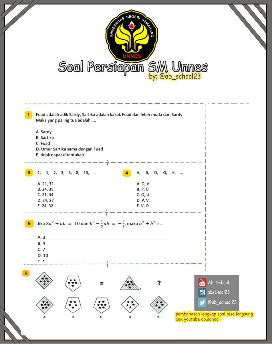 SM UNNES 2024 Bag.2
Buat yang mau Tes Ujian Mandiri UNNES (SM UNNES), yuk latihan tipe soal-soal Tes Potensi Akademik yg sering muncul ditahun sebelumnya bagian 2! 
Untuk pembahasan lengkapnya bisa langsung cek kesini youtu.be/txmDUHLEECA?si…