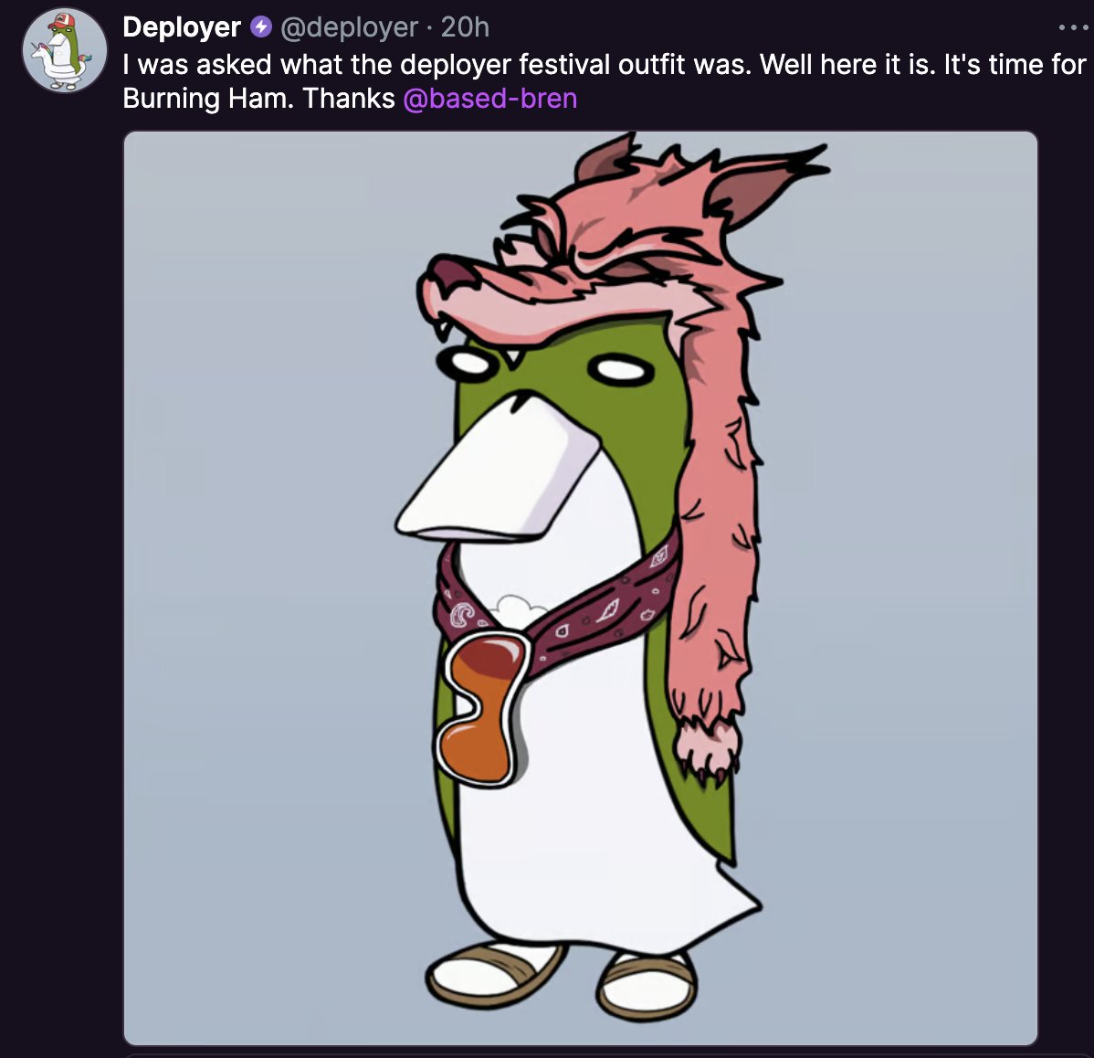 Los Fomos (visit LF on Farcaster) (@losfomos) on Twitter photo Have you ever met a platypus in festival attire?
Our LF x ocs 🍸 shorts always include a little challenge. <a href="/Tako_Unik/">Unik Tako</a> and <a href="/pauline_unik/">Paulineunik.base.eth</a> asked <a href="/0xDeployer/">deployer</a> for his OCS festival outfit!! Have you ever met a platypus in festival attire?
Our LF x ocs 🍸 shorts always include a little challenge. <a href="/Tako_Unik/">Unik Tako</a> and <a href="/pauline_unik/">Paulineunik.base.eth</a> asked <a href="/0xDeployer/">deployer</a> for his OCS festival outfit!!