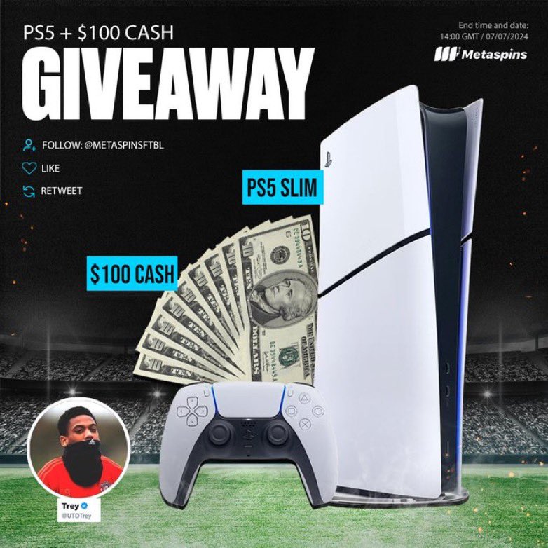 UTDTrey's tweet image. 🚨 PS5 + CASH GIVEAWAY 🚨  

I’m giving away a brand new PS5 + $100 CASH! 💰

To enter:
1: Like &amp;amp; Retweet
2: Follow @metaspinsftbl 

The winner will be announced next week, good luck!