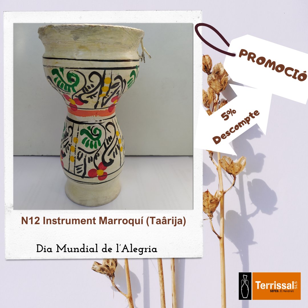 Pel Dia Mundial de l'Alegria del pròxim dilluns 8/07 Terrissal us porta un nou producte. Es tracta d'un instrument de percussió, anomenat Taârija, que s'utilitza principalment al Marroc.
La promoció tindrà un descompte del 5% i serà vàlida fins a l'11 de juliol inclòs.