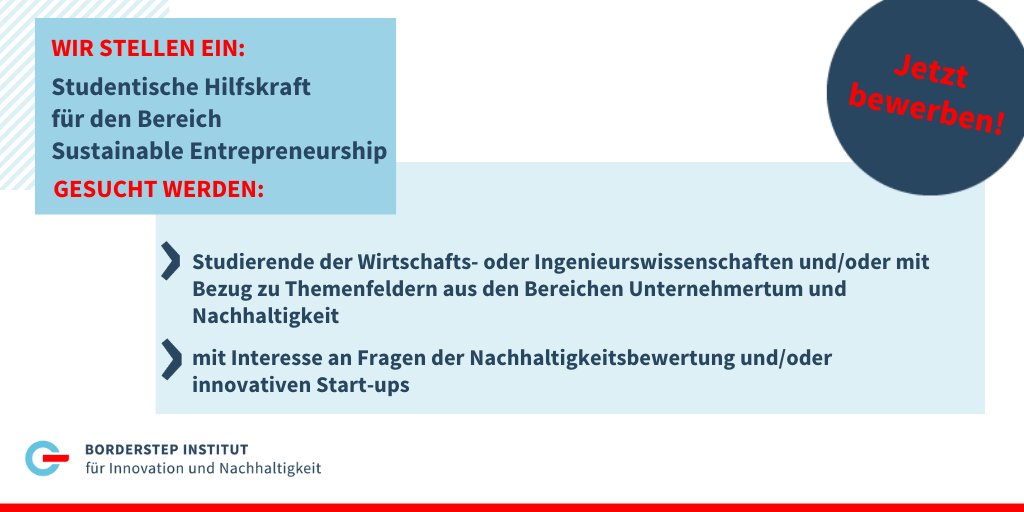 📢 #Jobalert
<a href="/Borderstep_org/">Borderstep Institute</a> sucht ab sofort studentische Unterstützung für den Bereich Sustainable Entrepreneurship. 🌿

🔹 10 Stunden/Woche
🔹 Bewerbungsfrist 24. Juli 2024

#Jobangebot #Stellenanzeige #Nachaltigkeit

➡ borderstep.de/studentische-h…