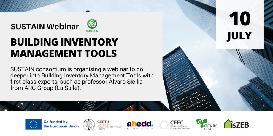 🟢 SUSTAIN Webinar: Building Inventory Management Tools ✨

👉 Join us on July 10th for an insightful session with Alvaro Sicilia <a href="/LaSalleBCN/">La Salle BCN</a> and <a href="/PlegmaLabs/">Plegma Labs</a> to deep in these key tools for the #construction sector!

🕒 11:30 AM
📍 Online
📲 Register here!  t.ly/5Ep8Z