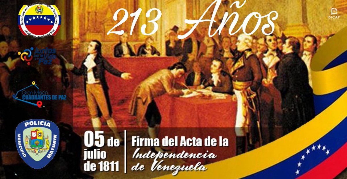 El 5 de julio de 1811 se firma el acta de la independencia, ese día es celebrado en Venezuela como su día nacional. En esa fecha formalmente a través del documento “Acta de declaración de la independencia”,​ Venezuela se separa de España.