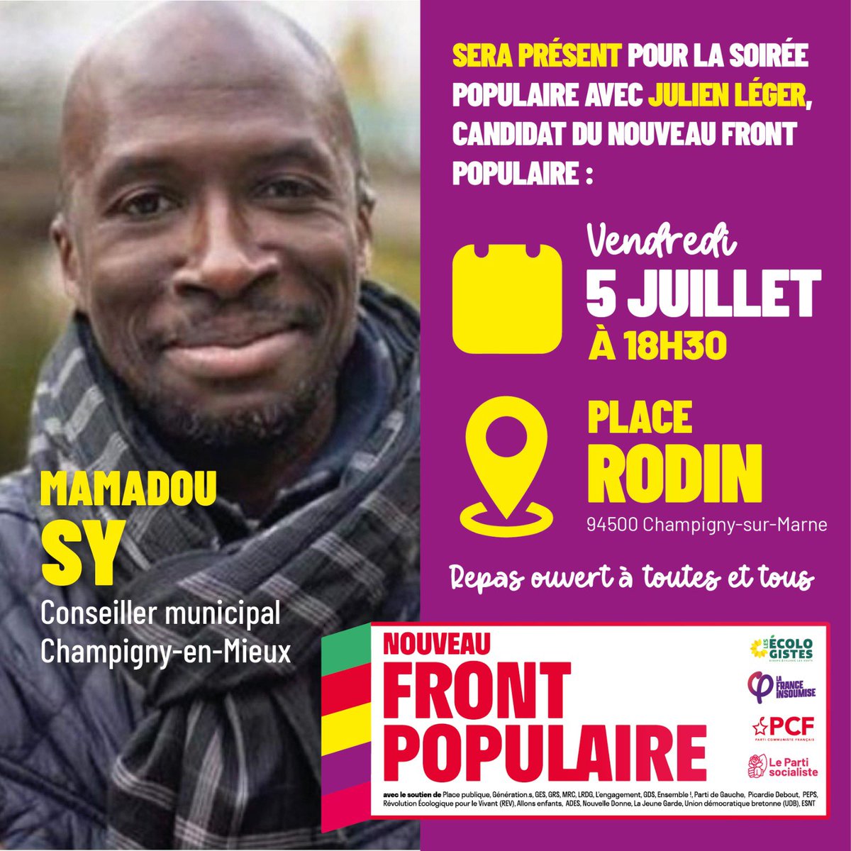 LEGERJulien94's tweet photo. 🎉 SOIRÉE POPULAIRE AU BOIS L’ABBÉ CE SOIR ⚽️
Quel plaisir de vous inviter au Bois l’Abbé pour faire front populaire !
Dernière initiative de campagne avec repas, musique et de nombreuses personnalités
🗓️ RDV à partir de 18:30
📍 Place Rodin, Champigny
#DimancheOnVote https://t.co/m83ypxwyLn