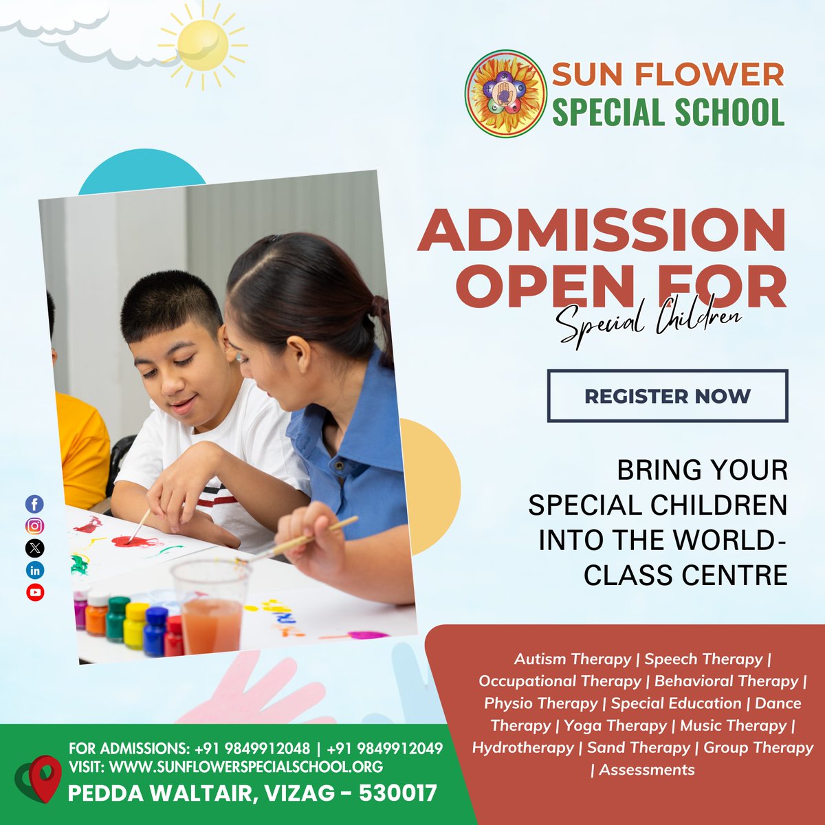 SpecialSchool55's tweet photo. Unlock the potential of your special child at Sun Flower Special School with our special therapy.

Call us:9849912048

#SpecialEducation #AutismTherapy #SpeechTherapy #OccupationalTherapy #BehavioralTherapy #PhysioTherapy #SpecialNeedsSchool #DanceTherapy #YogaTherapy https://t.co/CqTuM86mkf