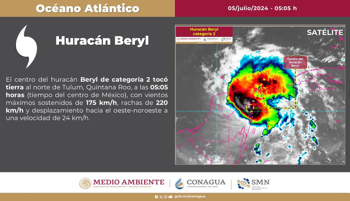⚠️ 🔴¡Actualización huracán #Beryl, categoría 2️⃣! Todo #QuintanaRoo permanece en #AlertaRoja, ¡la fase de Peligro Máximo!  🚨🔴

El centro del huracán Beryl de categoría 2 tocó tierra al norte de Tulum, Quintana Roo, a las 06:05  (Hora local), con vientos máximos sostenidos de