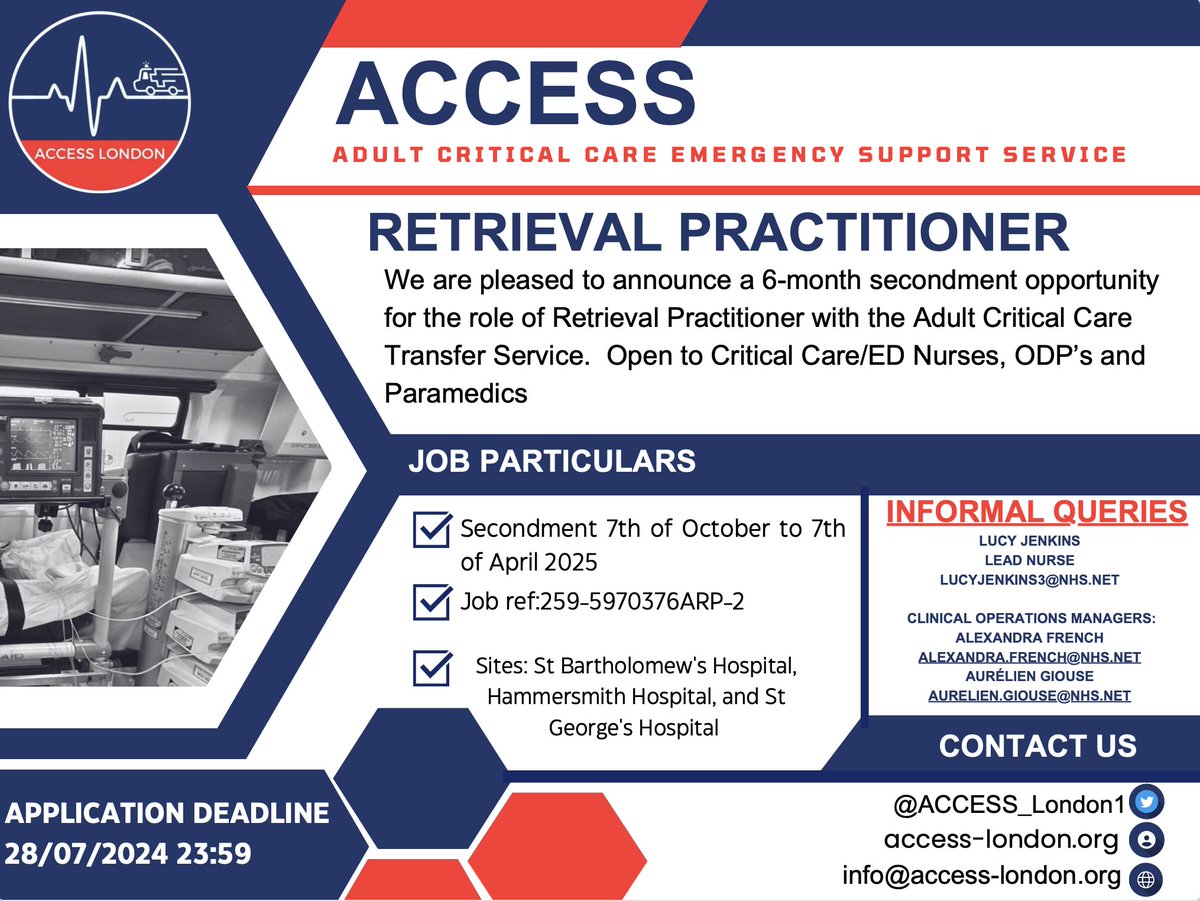 Applications are now open to join the ACCESS Service as a Retrieval practitioner for a 6 month secondment. Vacancy is welcomed by Nurses, ODPs and Paramedics. Any questions get in touch with our team! #ACCESSLondon #ACCTs #Criticalcaretransfers #ODP #LAS jobs.nhs.uk/candidate/joba…