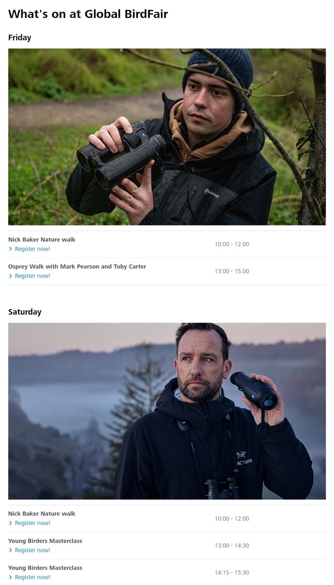 ZEISS Birding (@zeissbirding) on Twitter photo Be sure to check out our <a href="/GlobalBirdfair/">Global Birdfair</a> page where we've got guided walks by <a href="/bugboybaker/">Nick Baker</a>, <a href="/Markthebirder/">Mark James Pearson</a> & <a href="/_TCartz/">Toby Carter</a>.
But also our Young Birders Masterclass ran by <a href="/StephenMenzie/">Stephen Menzie</a>, <a href="/james_lidster/">James Lidster</a> & <a href="/_TCartz/">Toby Carter</a> on the Saturday.
zeiss.co.uk/consumer-produ… Be sure to check out our <a href="/GlobalBirdfair/">Global Birdfair</a> page where we've got guided walks by <a href="/bugboybaker/">Nick Baker</a>, <a href="/Markthebirder/">Mark James Pearson</a> & <a href="/_TCartz/">Toby Carter</a>.
But also our Young Birders Masterclass ran by <a href="/StephenMenzie/">Stephen Menzie</a>, <a href="/james_lidster/">James Lidster</a> & <a href="/_TCartz/">Toby Carter</a> on the Saturday.
zeiss.co.uk/consumer-produ…