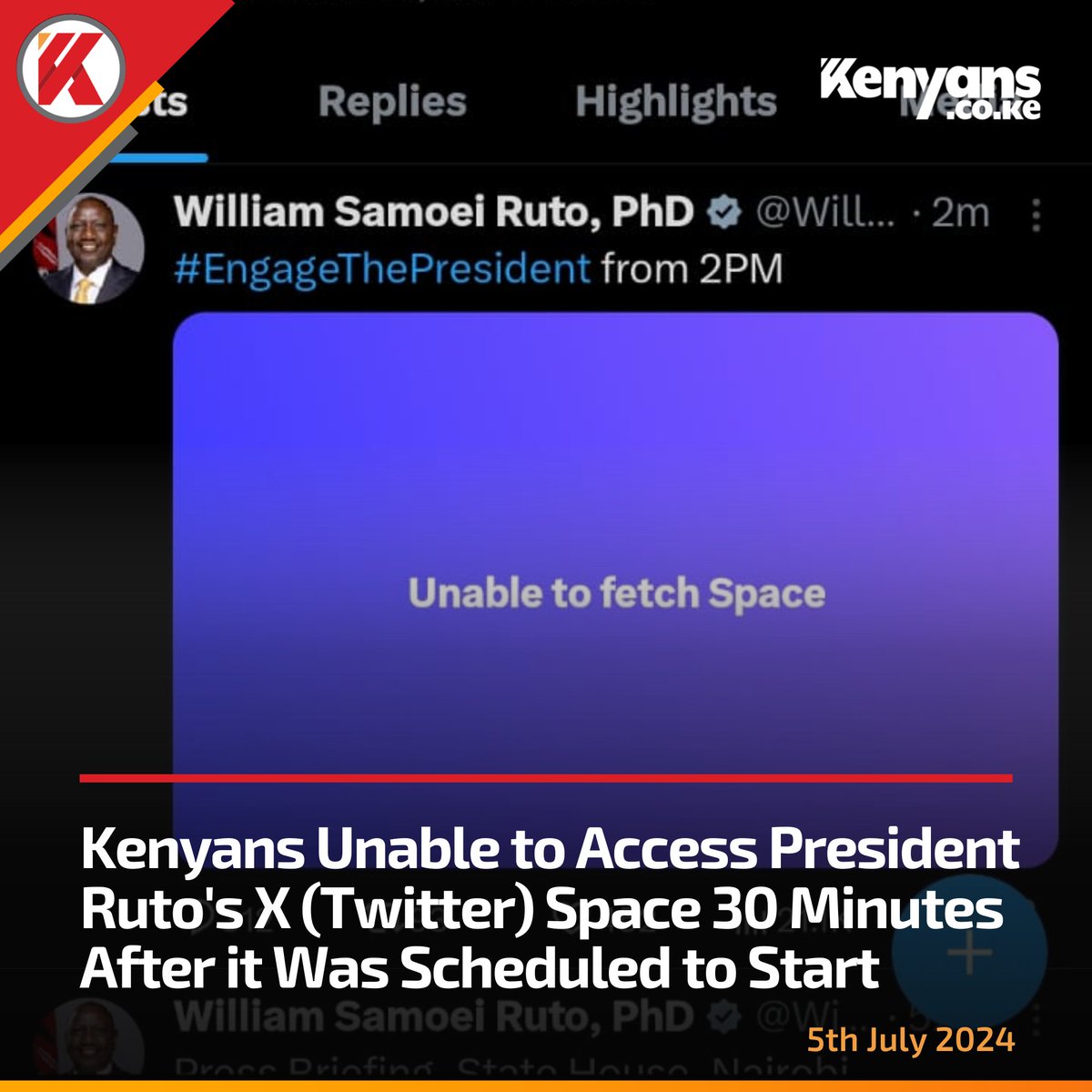 Kenyans's tweet photo. Kenyans unable to access President Ruto's X (Twitter) space 30 minutes after it was scheduled to start https://t.co/7kwQ3H6ymO