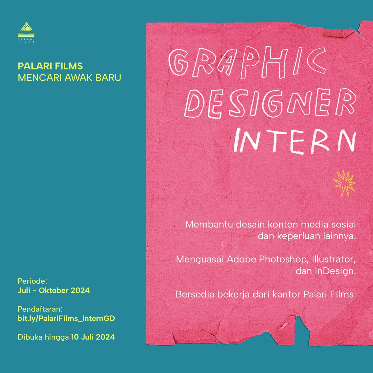PalariFilms's tweet photo. π’π’ PALARI FILMS CARI AWAK BARU.
Untuk yang jago desain dan suka film!!!
Daftar di sini: https://t.co/VDDZvJpIpX
#PalariFilms #InternGD #HiringIntern https://t.co/nf7MZpqHYl