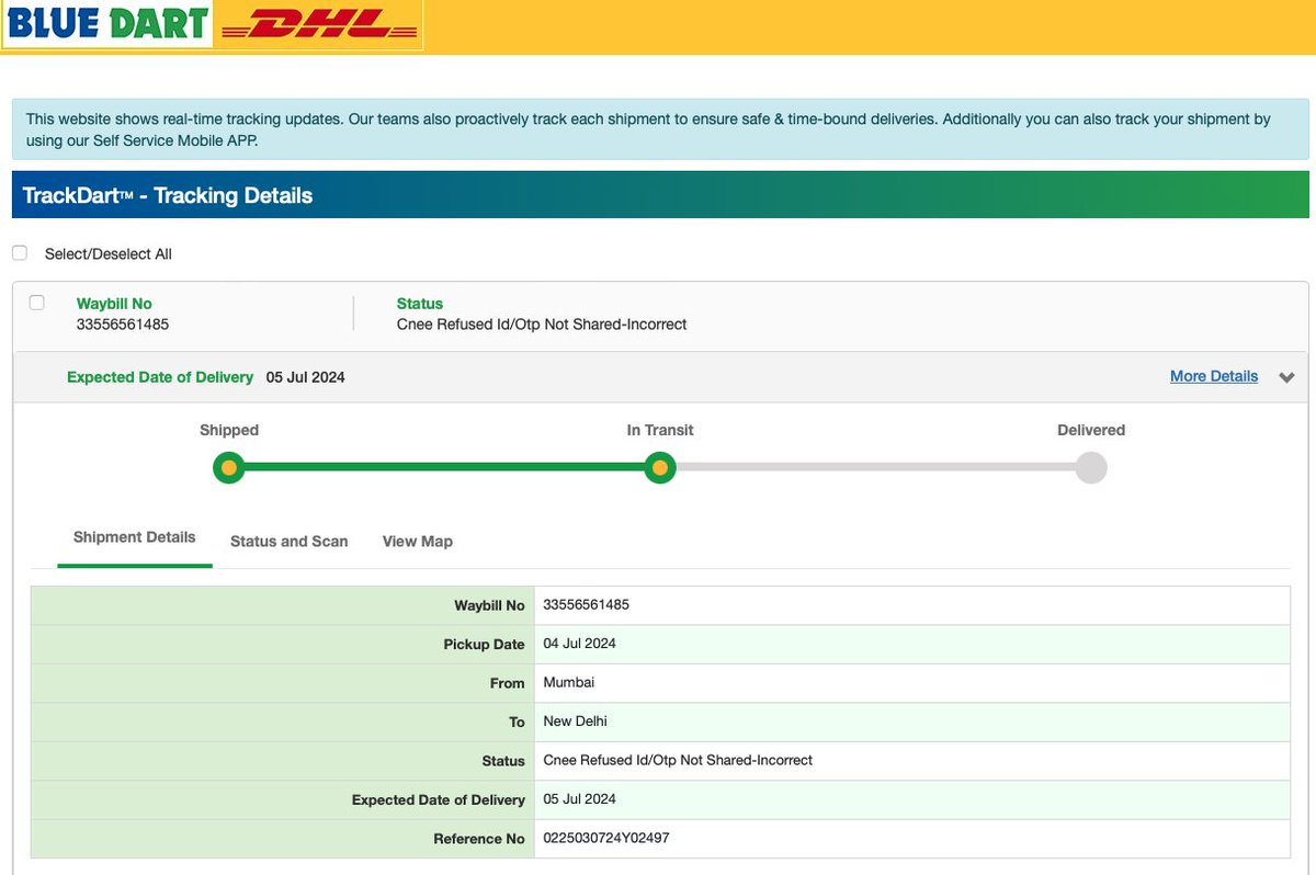 SatyendraUpta's tweet photo. my packages is already delivered, why the status is showing I refused OTP/ID? @BlueDartCares https://t.co/cr6go4qGFz